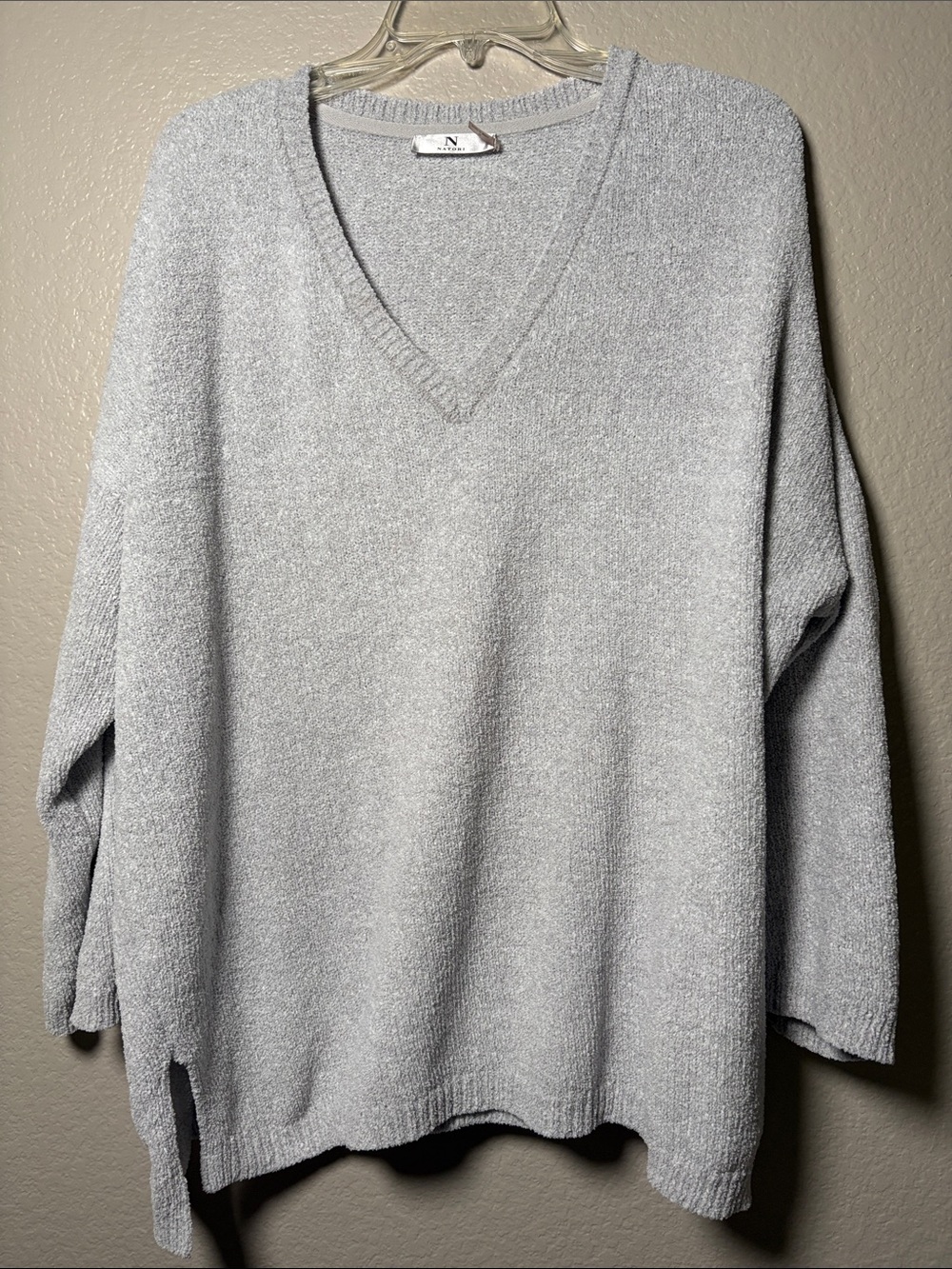 Natori Light Gray V-Neck Knit Sweater
